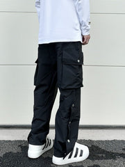 Black Side Zip & Snap Large Pocket Wide Leg Cargo Pants