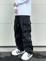 Black Side Zip & Snap Large Pocket Wide Leg Cargo Pants