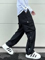 Black Side Zip & Snap Large Pocket Wide Leg Cargo Pants