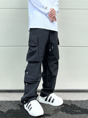 Black Side Zip & Snap Large Pocket Wide Leg Cargo Pants