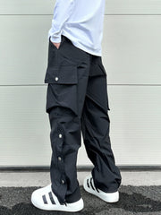 Black Side Zip & Snap Large Pocket Wide Leg Cargo Pants