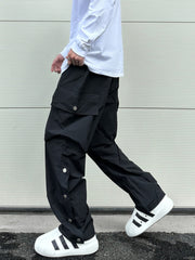 Black Side Zip & Snap Large Pocket Wide Leg Cargo Pants