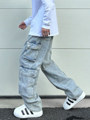 Light Blue Vintage Wash Dual Side Snap Cargo Wide Leg Denim