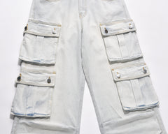 Light Blue Acid Wash Multi-Pocket Carpenter Wide Leg Cargo Denim