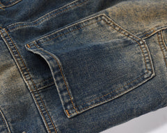 Blue Faded Worn In Wash Deconstructed Zip Pocket Straight Leg Denim