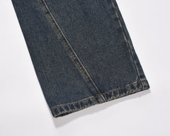 Blue Faded Worn In Wash Deconstructed Zip Pocket Straight Leg Denim