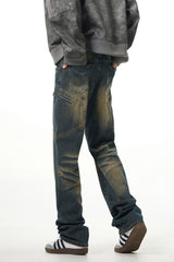 Blue Faded Worn In Wash Deconstructed Zip Pocket Straight Leg Denim