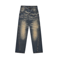 Blue Faded Worn In Wash Deconstructed Zip Pocket Straight Leg Denim