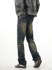 Blue Faded Worn In Wash Deconstructed Zip Pocket Straight Leg Denim