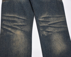 Blue Faded Worn In Wash Deconstructed Zip Pocket Straight Leg Denim