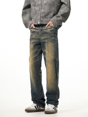 Blue Faded Worn In Wash Deconstructed Zip Pocket Straight Leg Denim