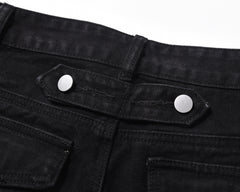 Black Multi-Seam Zip Pocket Button Flap Flare Leg Denim