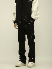 Black Multi-Seam Zip Pocket Button Flap Flare Leg Denim