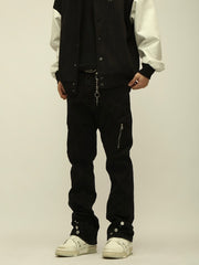 Black Multi-Seam Zip Pocket Button Flap Flare Leg Denim