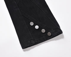 Black Multi-Seam Zip Pocket Button Flap Flare Leg Denim