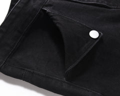 Black Multi-Seam Zip Pocket Button Flap Flare Leg Denim