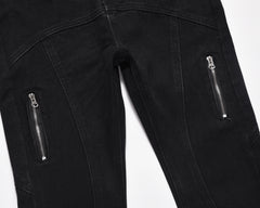 Black Multi-Seam Zip Pocket Button Flap Flare Leg Denim