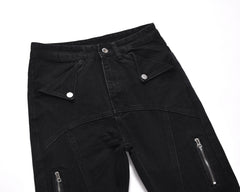 Black Multi-Seam Zip Pocket Button Flap Flare Leg Denim