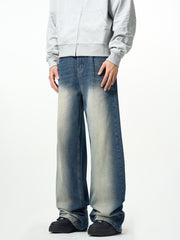 Blue Faded Worn In Wash Baggy Wide Leg Denim