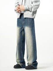 Blue Faded Worn In Wash Baggy Wide Leg Denim