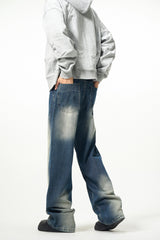 Blue Faded Worn In Wash Baggy Wide Leg Denim