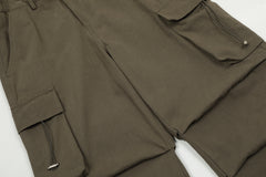 Brown Toggle Drawstring Cargo Stacked Wide Leg Twill Pants