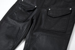 Black Waxed Front Flap Pocket Double-Front Skinny Denim