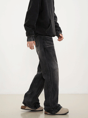 Black Worn In Wash 3D Dart Loose Fit Wide Leg Denim