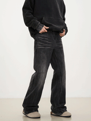 Black Worn In Wash 3D Dart Loose Fit Wide Leg Denim