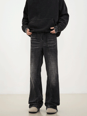 Black Worn In Wash 3D Dart Loose Fit Wide Leg Denim