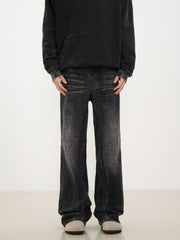 Black Worn In Wash 3D Dart Loose Fit Wide Leg Denim