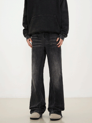 Black Worn In Wash 3D Dart Loose Fit Wide Leg Denim