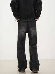 Black Worn In Wash 3D Dart Loose Fit Wide Leg Denim