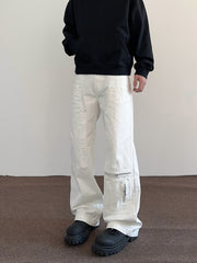 White Double-Front Multi-Zip Flare Leg Twill Pants
