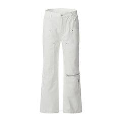 White Double-Front Multi-Zip Flare Leg Twill Pants
