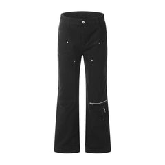 Black Double-Front Multi-Zip Flare Leg Twill Pants