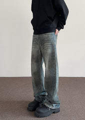 Blue Dirty Worn In Washed Baggy Wide Leg Denim