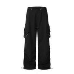 Black Toggle Multi-Pocket Bag Wide Leg Baggy Twill Pants
