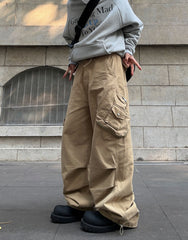 Khaki Toggle Multi-Pocket Bag Wide Leg Baggy Twill Pants