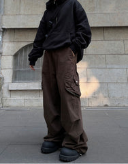 Brown Toggle Multi-Pocket Bag Wide Leg Baggy Twill Pants