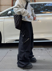 Black Toggle Multi-Pocket Bag Wide Leg Baggy Twill Pants