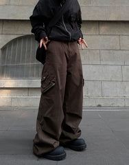Brown Toggle Multi-Pocket Bag Wide Leg Baggy Twill Pants