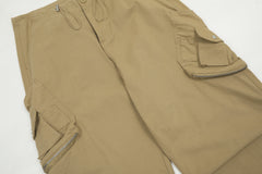 Khaki Toggle Multi-Pocket Bag Wide Leg Baggy Twill Pants