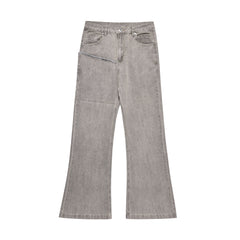 Grey Overlock Stitch Stacked Flare Leg Denim