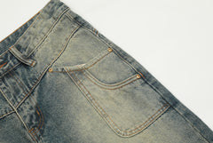 Light Blue Vintage Washed Double Work Patch Pocket Flare Leg Denim
