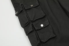 Black Vintage Wash 3D Multi-Snap Pocket Flare Leg Work Denim