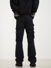 Black Vintage Wash 3D Multi-Snap Pocket Flare Leg Work Denim