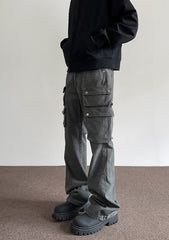 Dark Grey Vintage Wash 3D Multi-Snap Pocket Flare Leg Work Denim