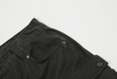 Black Vintage Wash 3D Multi-Snap Pocket Flare Leg Work Denim