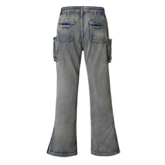 Light Blue Acid Wash 3D Multi-Pocket Zip Flare Leg Denim